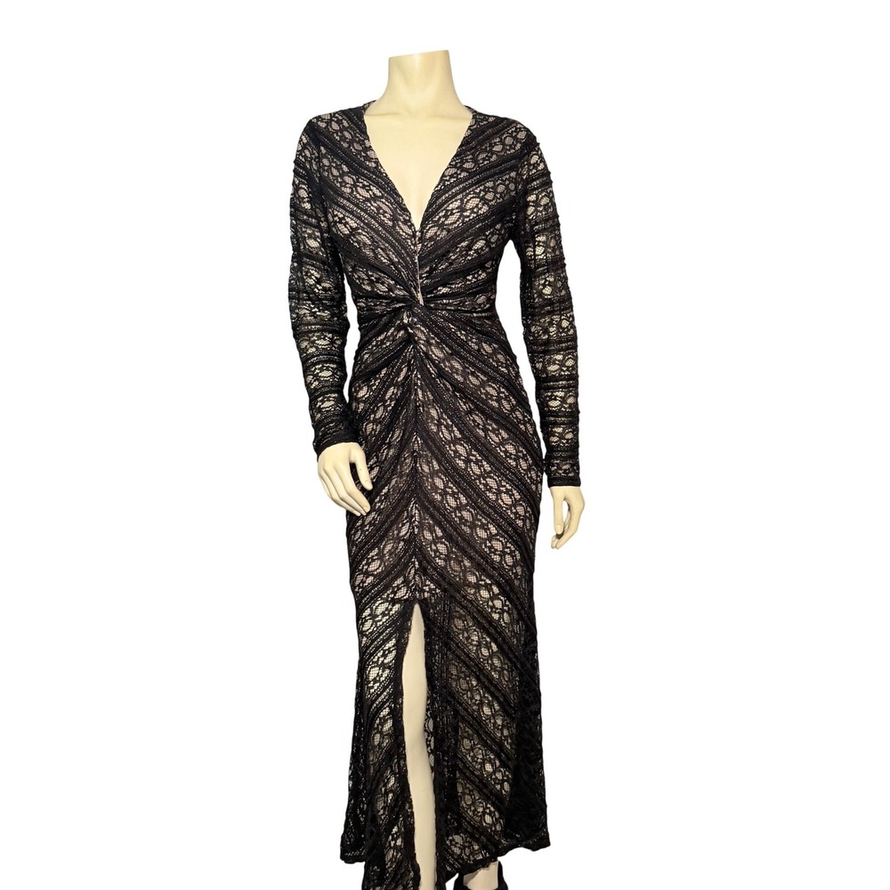 Venus Lace Maxi Dress Women Large Black Nude NEW Twist Front V-Neck Long Sleeve